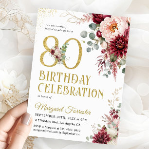Invitation Fête 80 ans Burgundy Blush Floral Gold Glitter