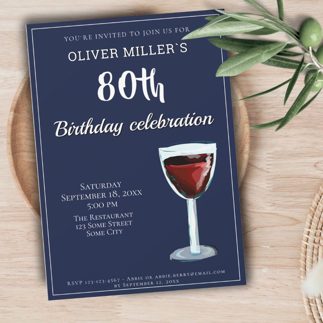 Invitation Fête 80 ans vin rouge bleu marine (Créateur téléchargé)