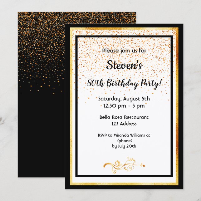Invitation Fête 80e anniversaire noir blanc et faux or (Devant / Derrière)