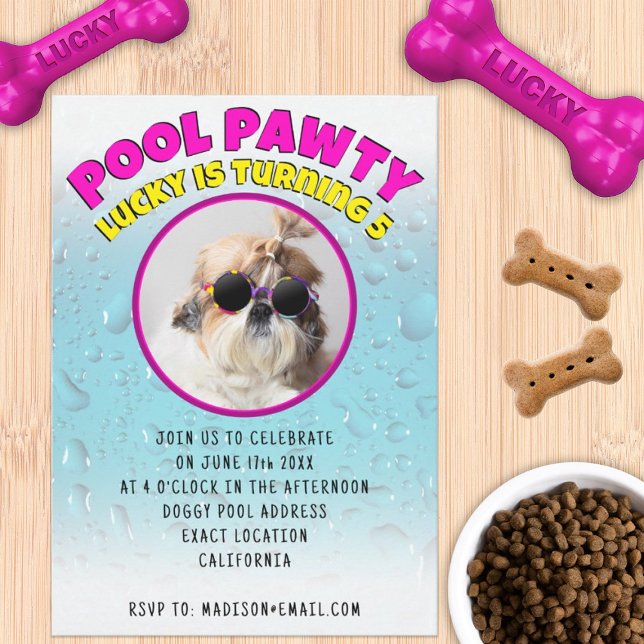 Invitation Fête à la piscine avec chien personnalisée avec ph (Créateur téléchargé)
