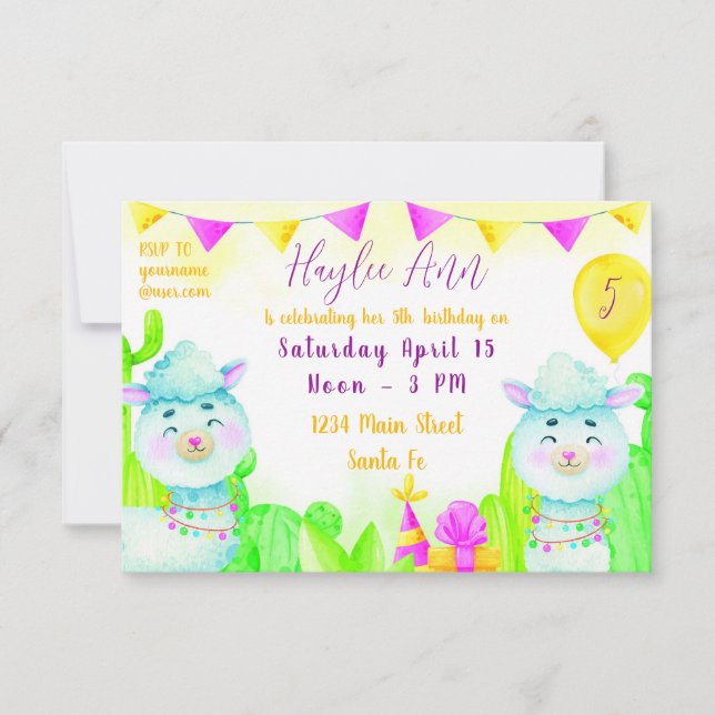 Invitation Fête à l'aquarelle Llamas anniversaire enfant  (Devant)