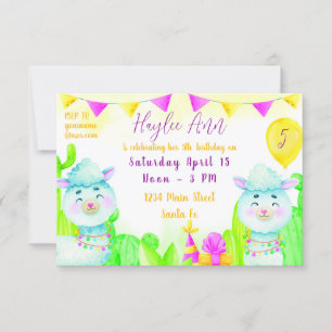 Invitation Fête à l'aquarelle Llamas anniversaire enfant 