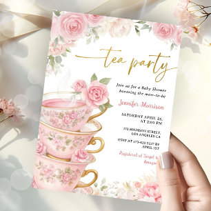Invitation Fête à thé Baby Shower Fille Rose & Or Floral