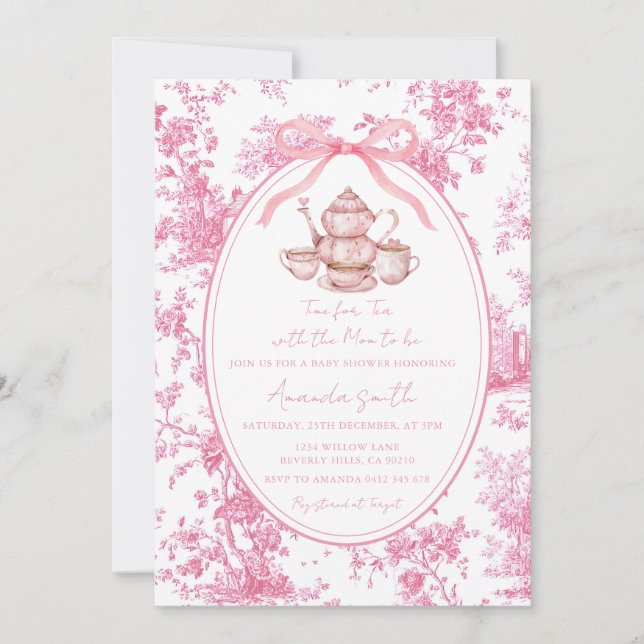 Invitation Fête à thé rose bébé toile florale (Devant)