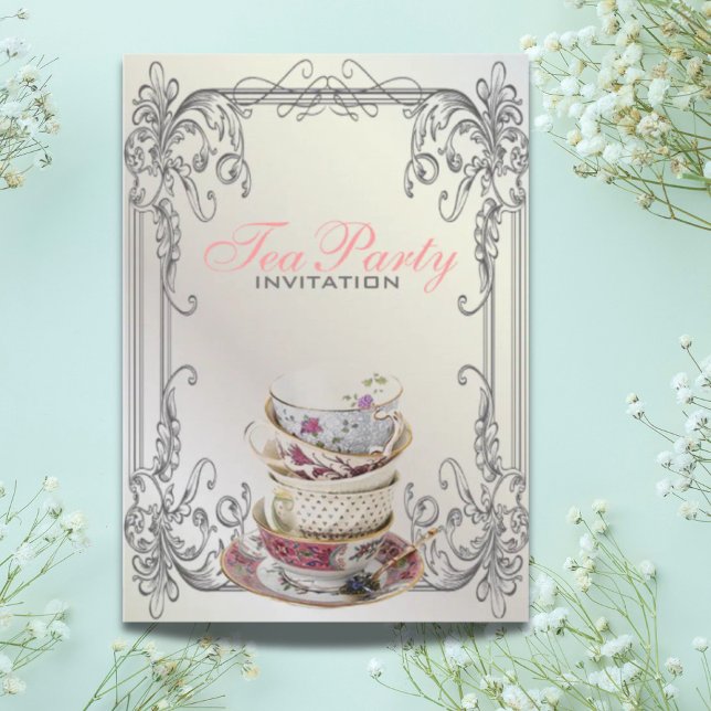 Invitation Fête à thé vintage blanc (Formal elegant swirls White vintage tea party Invitation)