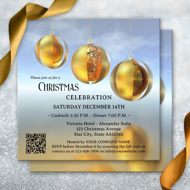 Invitation Fête Abstraite de Noël (Corporate holiday party invitation featuring artistic golden Christmas balls + QR code template )
