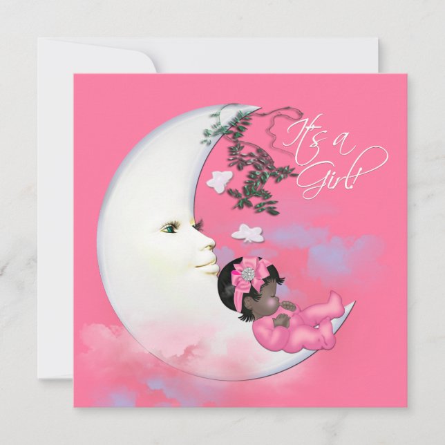 Invitation Fête adorable de bébé fille à la Lune Rose (Devant)