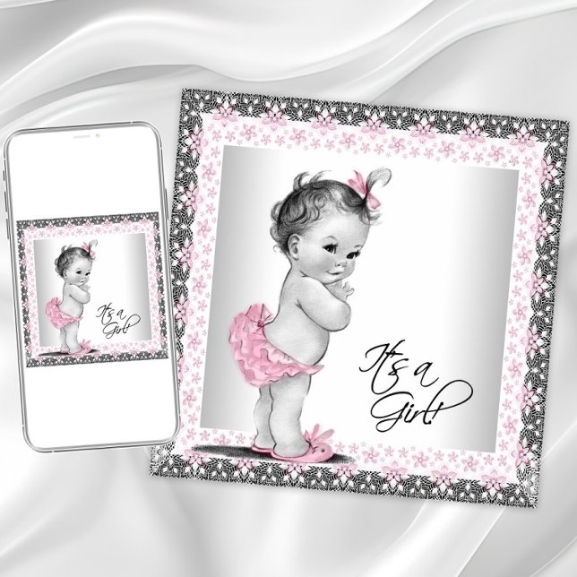 Invitation Fête adorable rose et grise pour bébé fille (Cute vintage baby girl shower invitation. Instant download and printed invitations available.)