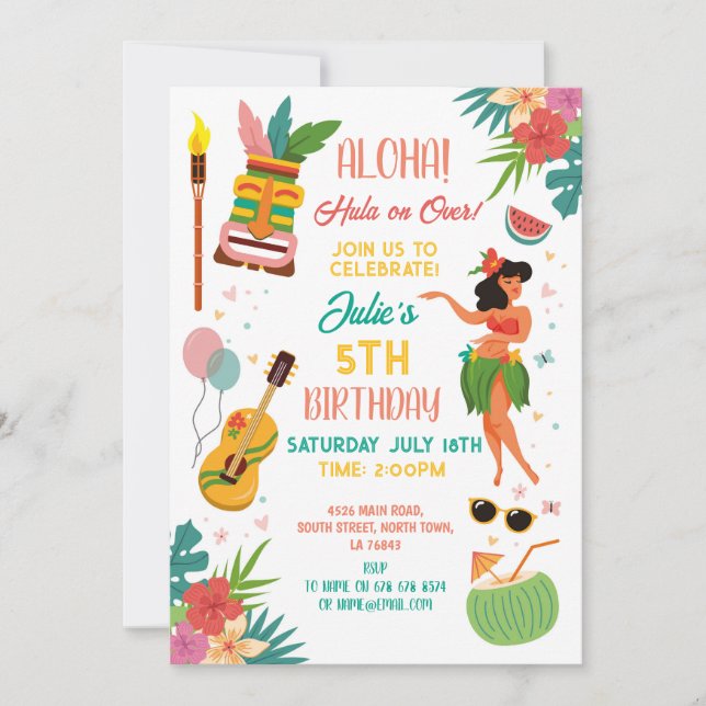 Invitation Fête Aloha Tiki Anniversaire Lei Aloha  (Devant)