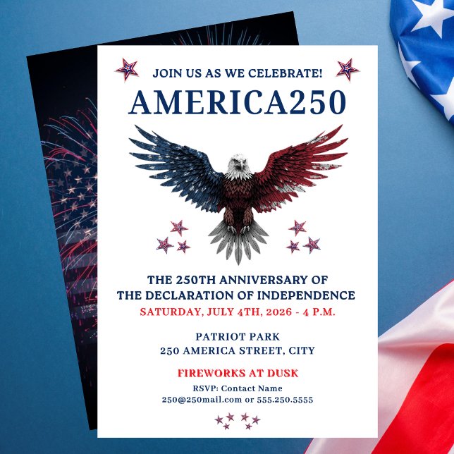 INVITATION FÊTE AMERICA250 CÉLÉBRATION DU 4 JUILLET SUR LA MA (AMERICA250 PARTY JULY 4TH CELEBRATION ON WHITE INVITATION)