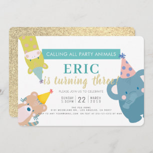 Invitation Fête Animaux Eléphant Gold Parties scintillant Gar
