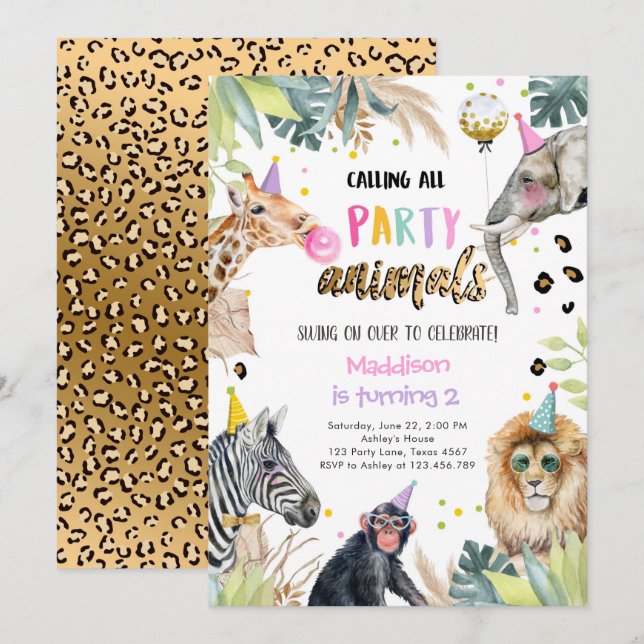 Invitation Fête Animaux Fille Safari Anniversaire Leopard Zoo (Devant / Derrière)