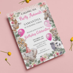 Invitation Fête Animaux Jungle Safari Fille rose Anniversaire
