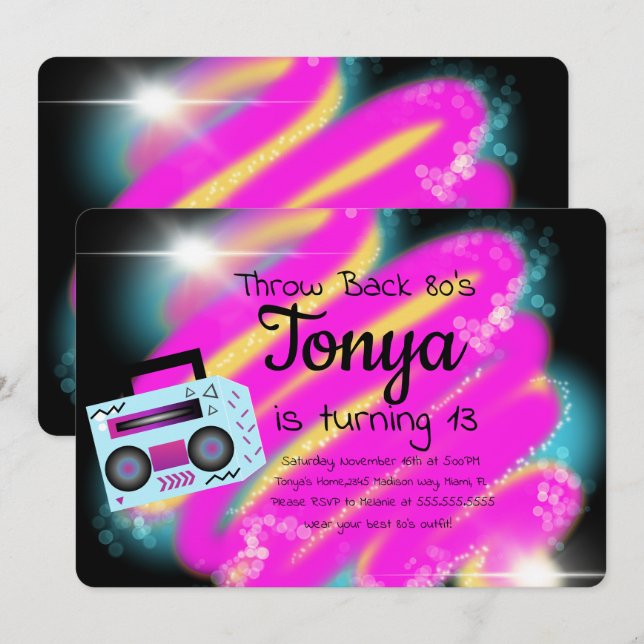 Invitation Fête années 80 90 Pochoir Vintage BoomBox Rétro (Devant / Derrière)