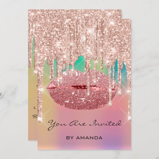 Invitation Fête Anniversaire 16e Rose des lèvres Kiss Parties (Devant / Derrière)