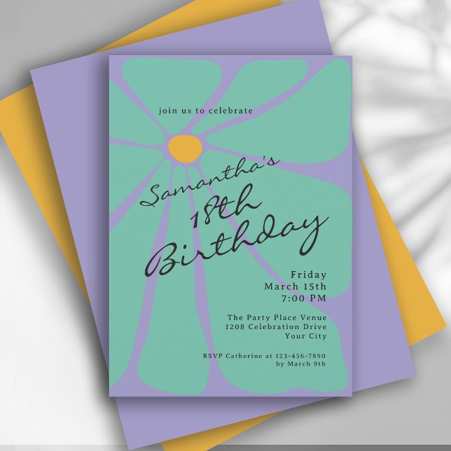Invitation Fête Anniversaire 18 Ans Bright Retro Flower Power (Available in both printed and instant download digital formats.)