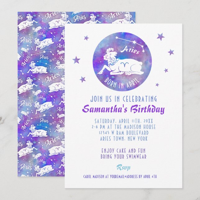 Invitation Fête Anniversaire Béliers Ram Constellation Étoile (Devant / Derrière)