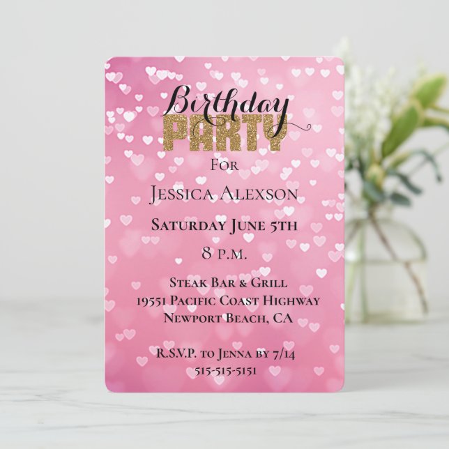 Invitation Fête Anniversaire coeurs rose blanc Paillettes dor (Debout devant)