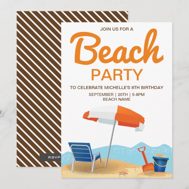 Invitation Fête Anniversaire de enfant de Modern Beach Party (Devant / Derrière)
