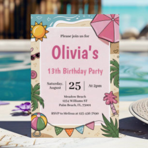 Invitation Fête Anniversaire de enfant de Pink Girls Beach Pa
