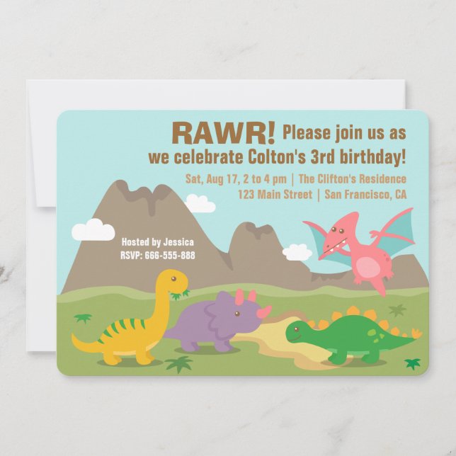 Invitation Fête Anniversaire de enfant Dinosaure colorée (Devant)