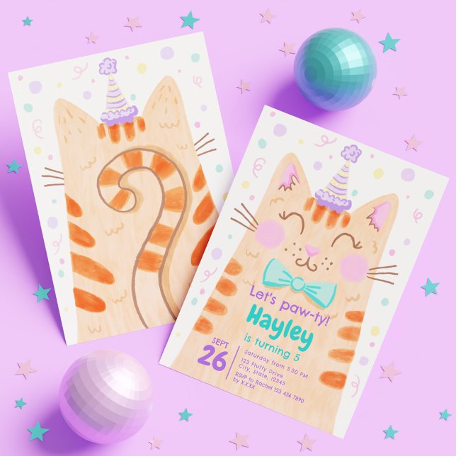 Invitation Fête Anniversaire de enfant Pawty Cute Kitty Cat F (Lets Pawty Cute Kitty Cat Face Kids Birthday Party Invitation)