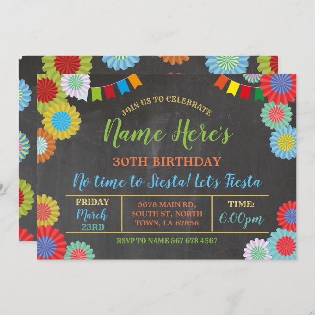 Invitation Fête Anniversaire Floral Mexicain Fans lumineux (Devant / Derrière)
