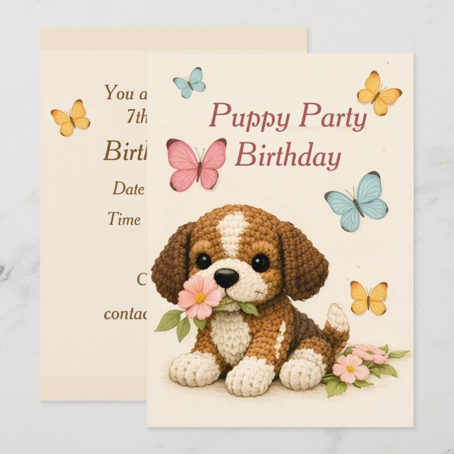 Invitation Fête Anniversaire Floral Papillon Chiot (Devant / Derrière)