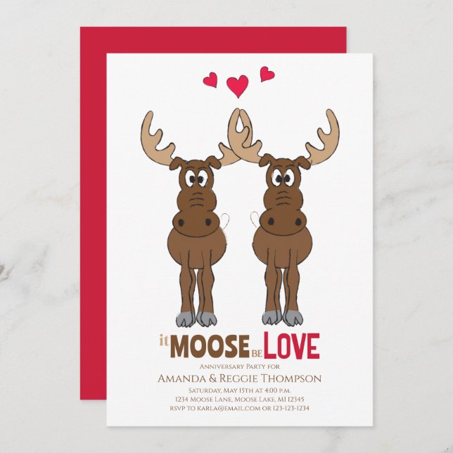 Invitation Fête Anniversaire It Moose be Love mignon Whimsica (Devant / Derrière)