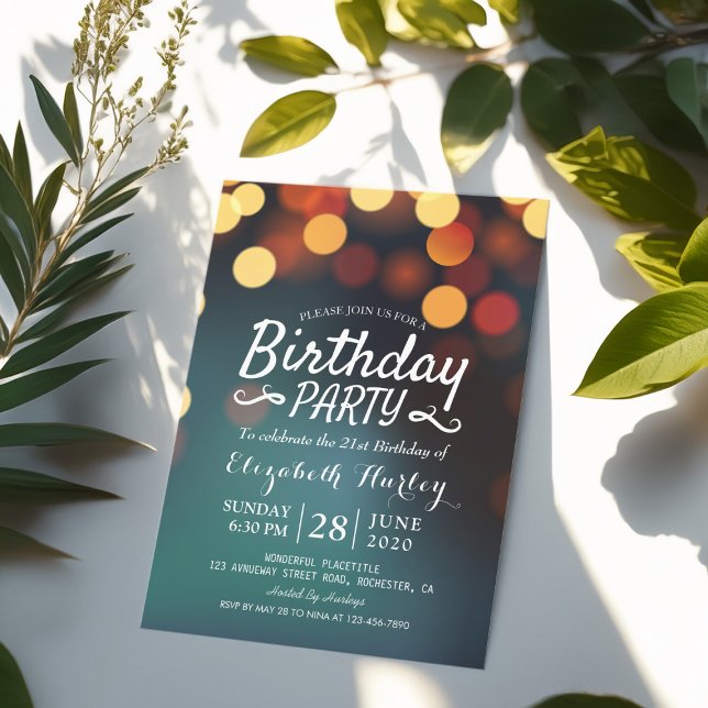 Invitation Fête Anniversaire Moderne Turquoise or Bokeh Chaîn (Créateur téléchargé)