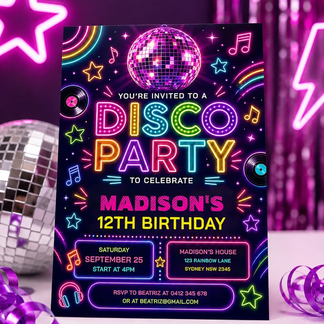 Invitation Fête Anniversaire Rétro Disco Néon (Créateur téléchargé)