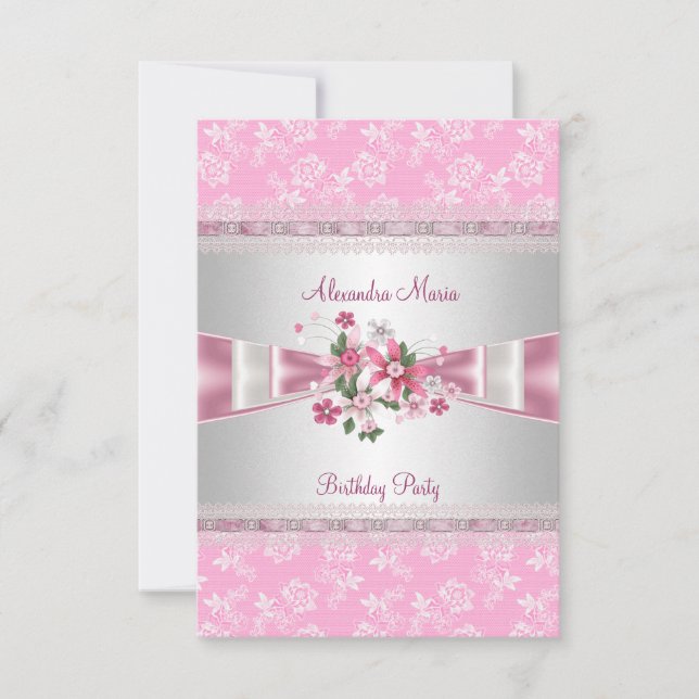 Invitation Fête Anniversaire Rose Blanc Floral Damask Bows (Devant)