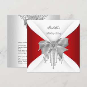 Invitation Fête Anniversaire Rouge Argent Blanc Diamant Bow