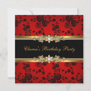 Invitation Fête Anniversaire Rouge Damas Or Black Diamond