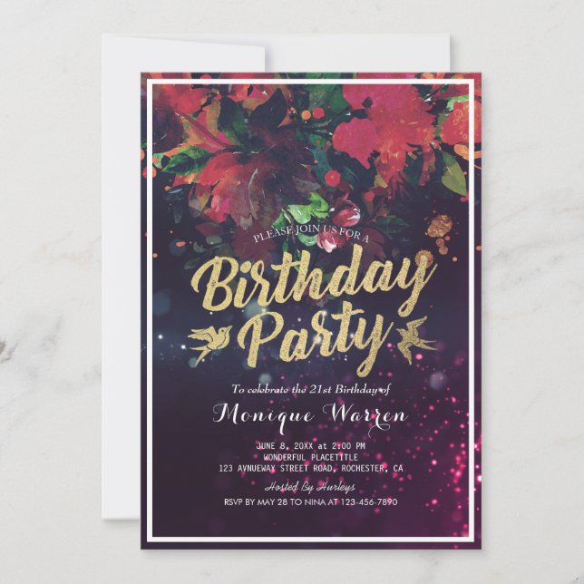 Invitation Fête Anniversaire Rouge Floral Gold Script Purple  (Devant)