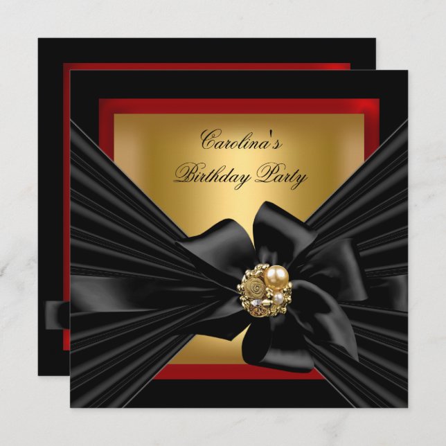 Invitation Fête Anniversaire Rouge or noir Bow (Devant / Derrière)