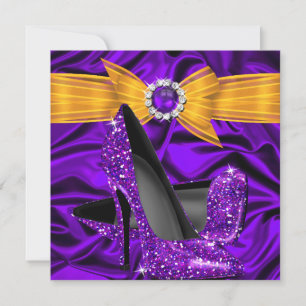 Invitation Fête Anniversaire Soie Violette Talons Hauts Jaune