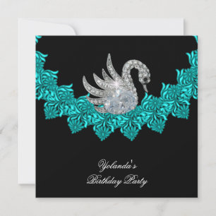 Invitation Fête Anniversaire Swan Turquoise bleu Floral Noir