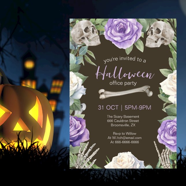 Invitation Fête annuelle d'Halloween au bureau Roses et crâne (Créateur téléchargé)