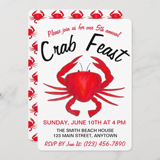 Invitation Fête annuelle du crabe Rouge Maryland Coquillages  (Devant / Derrière)