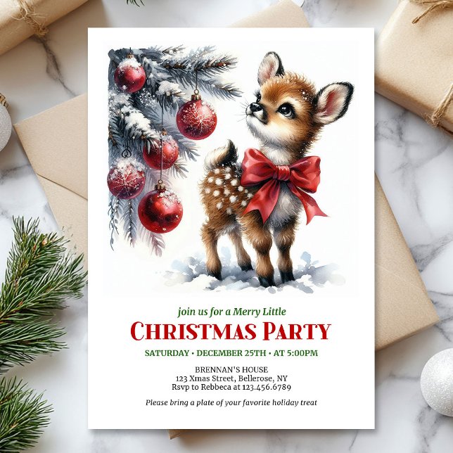 Invitation Fête aquarelle faon forêt enneigée hiver cosy  (Festive watercolor fawn snowy forest cozy winter Christmas invite

)
