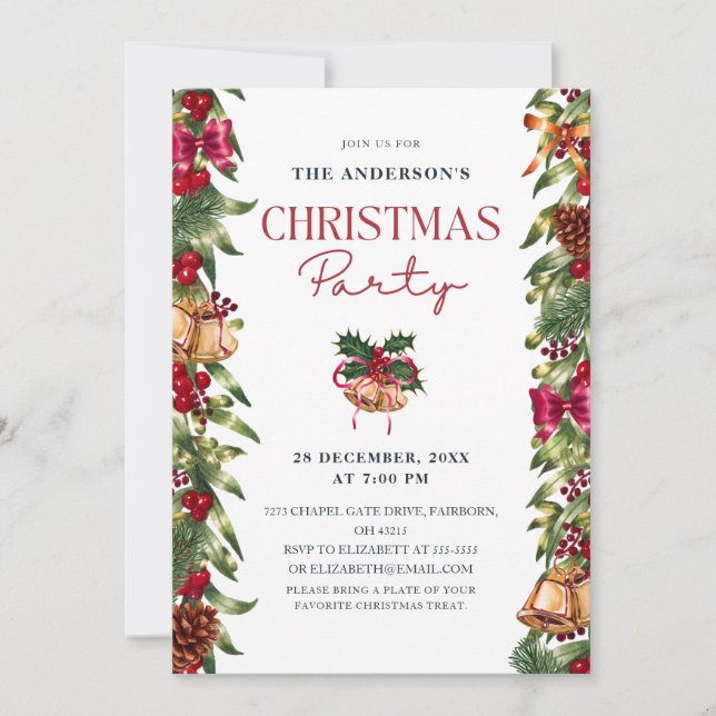 Invitation Fête aquarelle Pins Baies Noël (Devant)