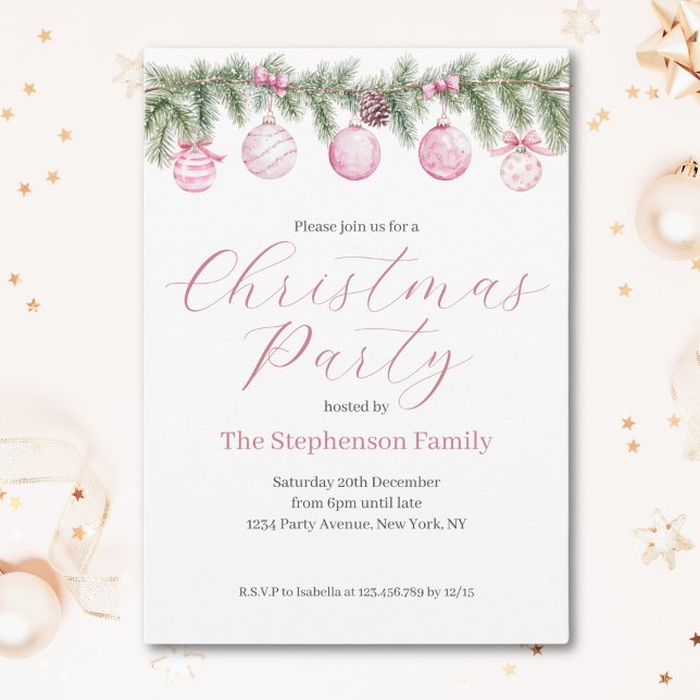 Invitation Fête aquarelle rose Noël décoration sapin (Créateur téléchargé)