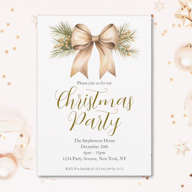 Invitation Fête Aquarelle Ruban Doré Noël (Créateur téléchargé)