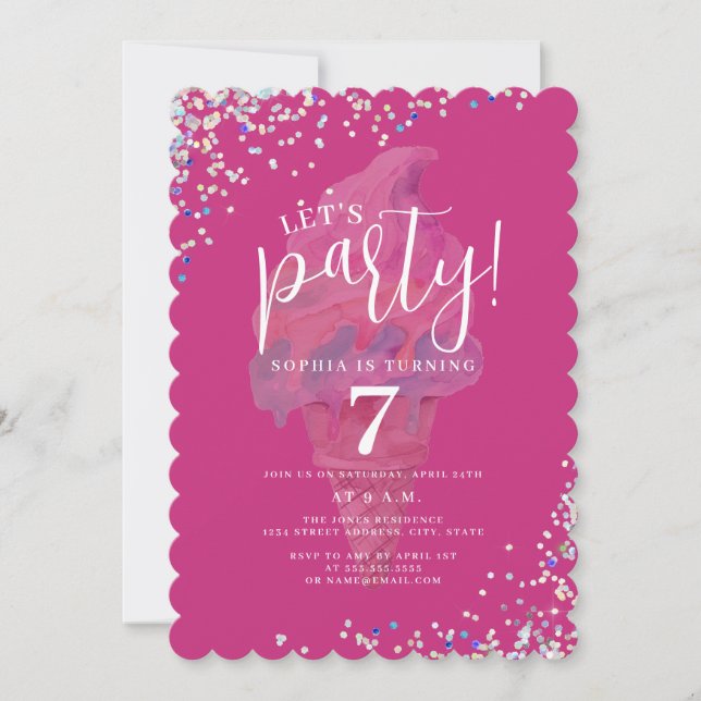 Invitation Fête Arc-en-ciel Glace Rose Anniversaire (Devant)