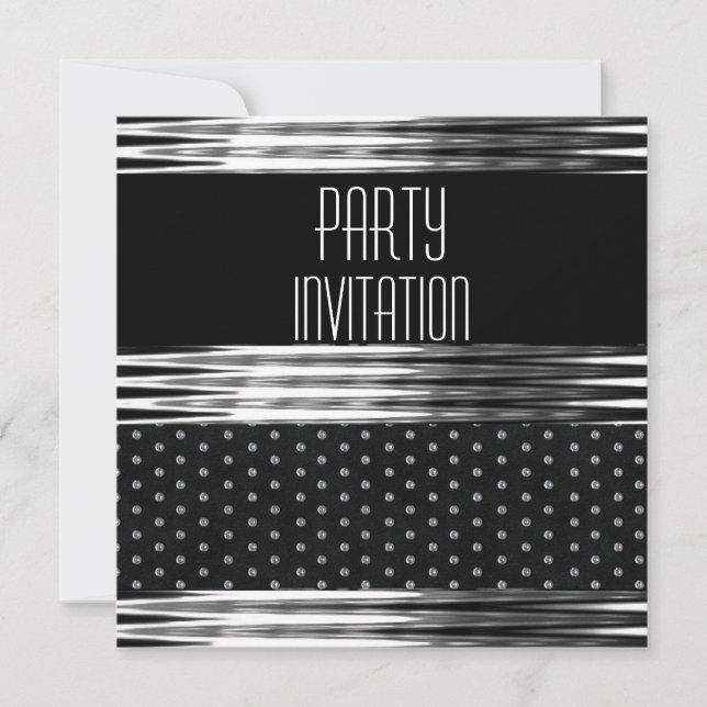 Invitation Fête Art Déco Noir Argent Tache (Devant)