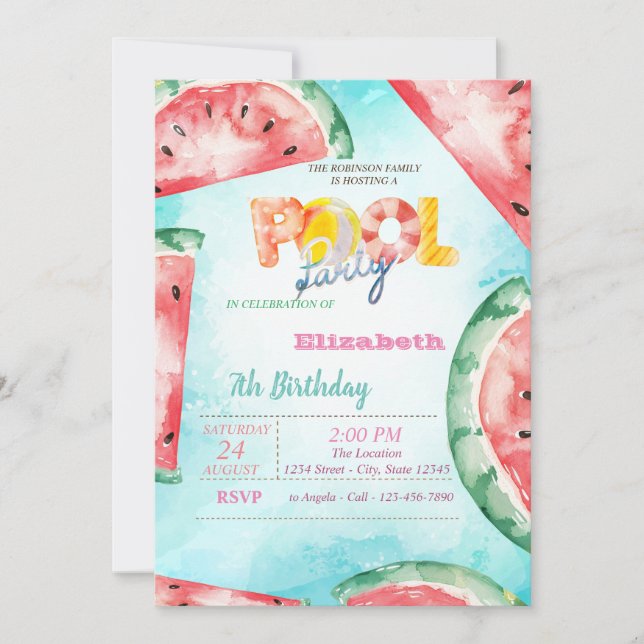 Invitation Fête au bord de la piscine aux pastèques aquarelle (Devant)