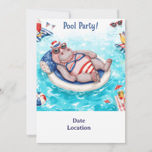 Invitation Fête au bord de la piscine avec Hippopotame