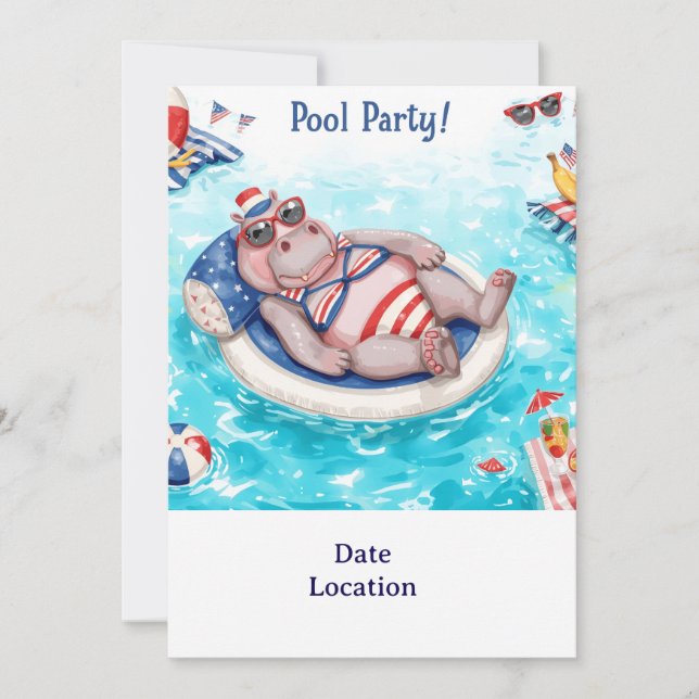 Invitation  Fête au bord de la piscine avec Hippopotame  (Devant)