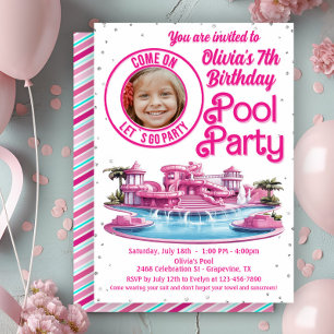 Invitation Fête au bord de la piscine avec poupée rose de Mal